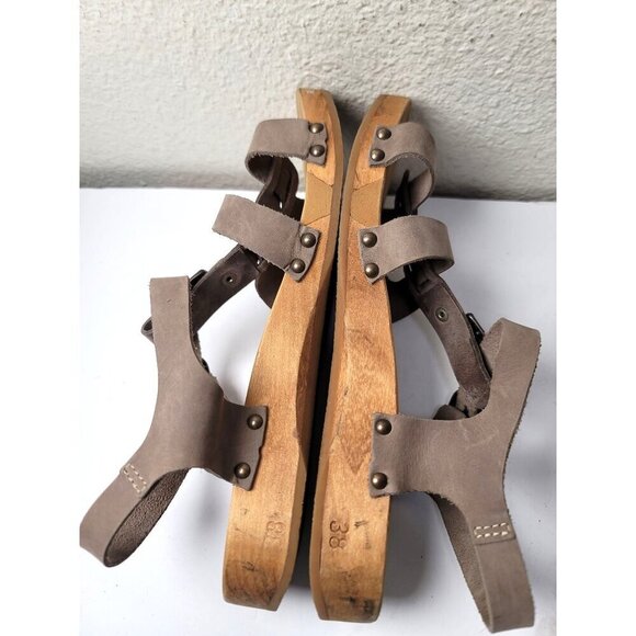 Sanita Taupe Ten Women’s Leather Wooden Sole Sandals Buckle Straps Size 38 US 7 - Picture 6 of 10